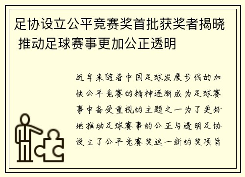 足协设立公平竞赛奖首批获奖者揭晓 推动足球赛事更加公正透明 足协设立公平竞赛奖首批获奖者揭晓 推动足球赛事更加公正透明